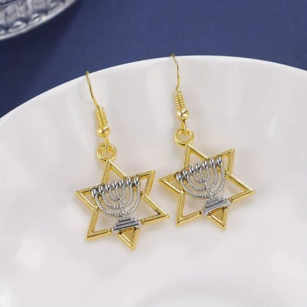 NEW Star of David Menorah Earrings Two-tone